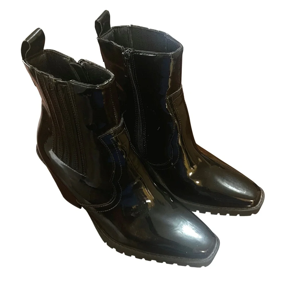 Diba True Cheyanne Lug Black Patent Western Ankle Boots Pointed Toe Womens 6